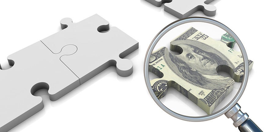 Dollar money finance business puzzle search magnifying glass.